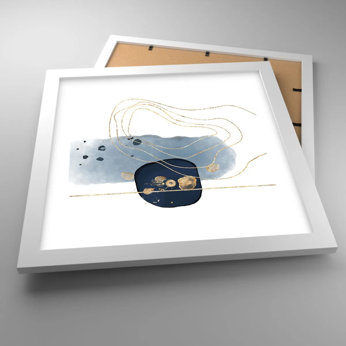 Affisch i vit ram - Blå-guld fantasi - 30x30 cm