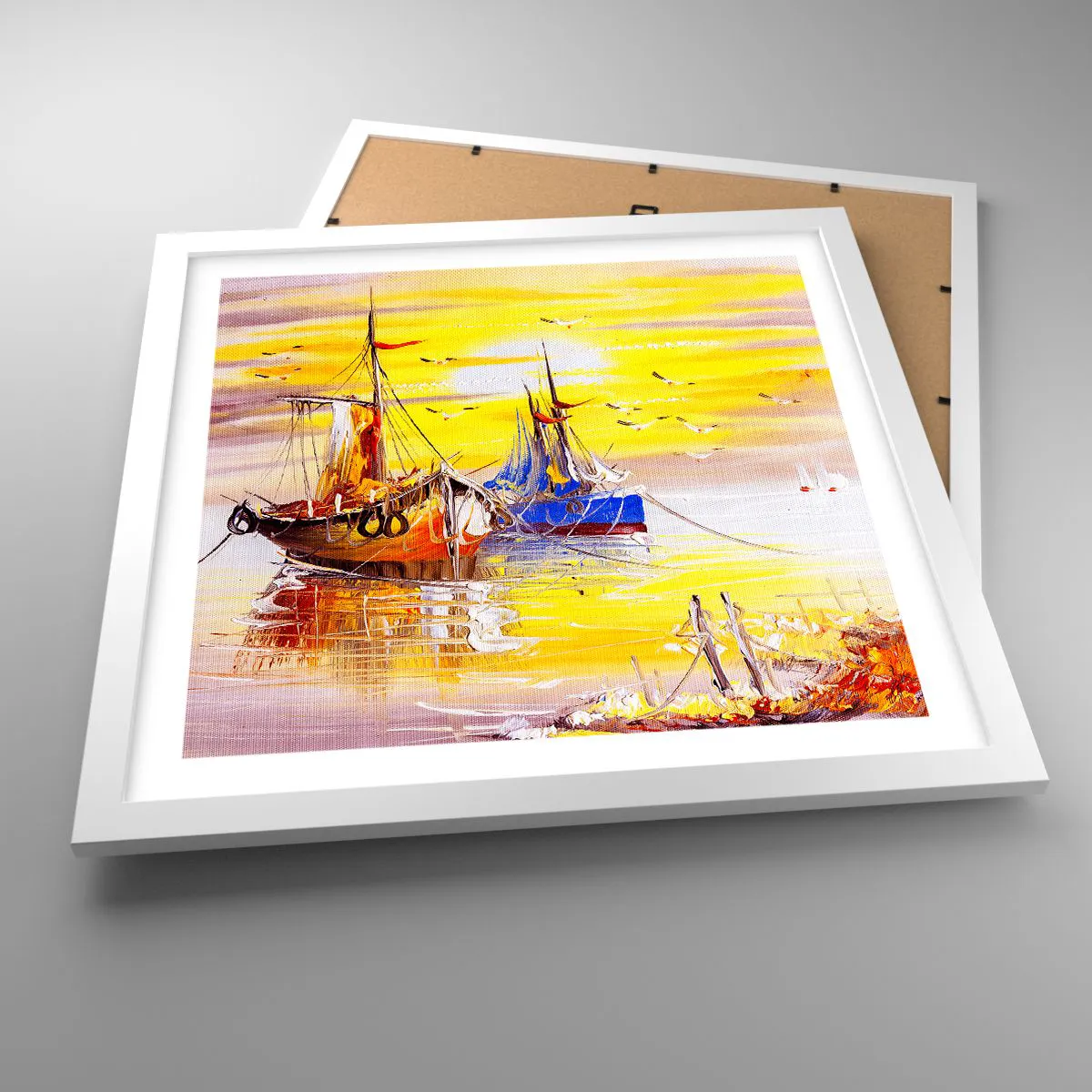 Plakat i hvid ramme - Et velfortjent hvil i havnen - 40x40 cm