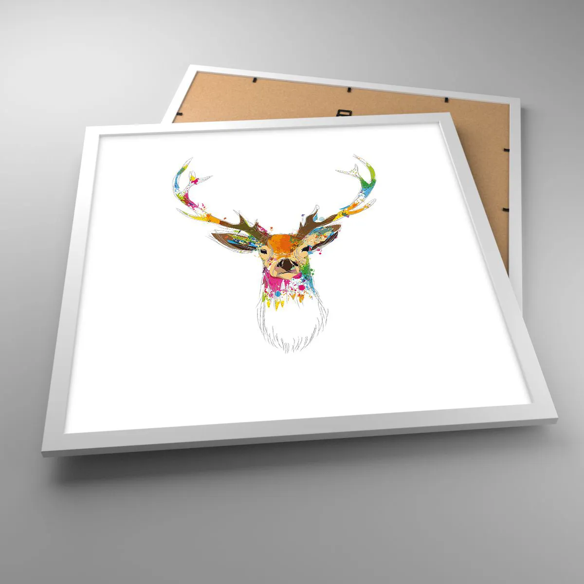 Affiche dans un cadre blanc - Poster - Un cerf doux baigné de couleur - 50x50 cm
