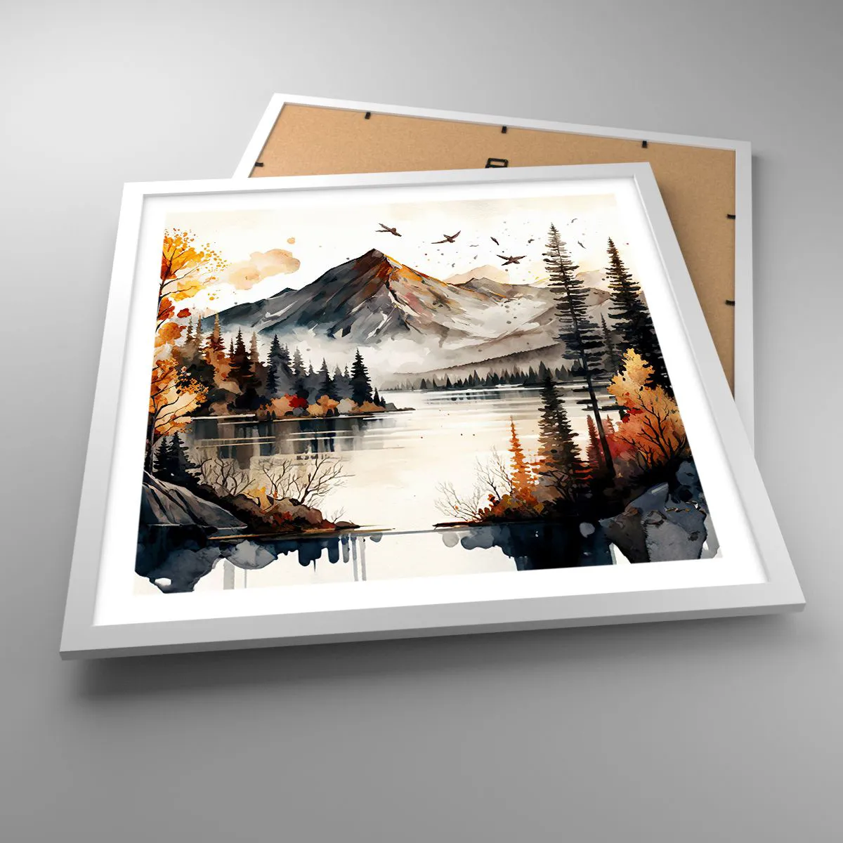 Plakat i hvid ramme - Gyldent efterår i bjergene - 50x50 cm