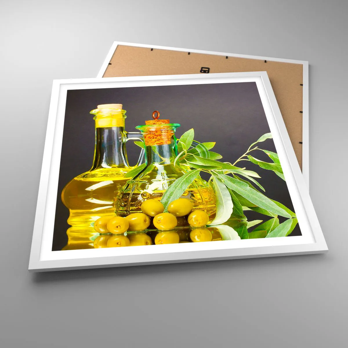Plagát v bielom ráme - Zátišie s olivami a olejom - 60x60 cm