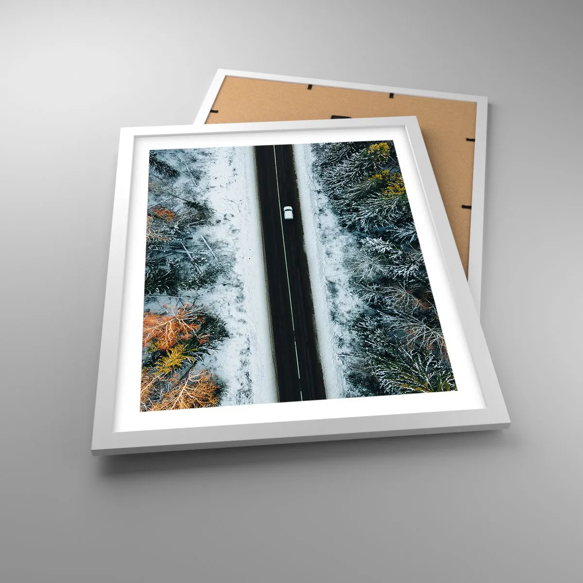 Plakat w białej ramie - Przeciąć zimowy las - 40x50 cm