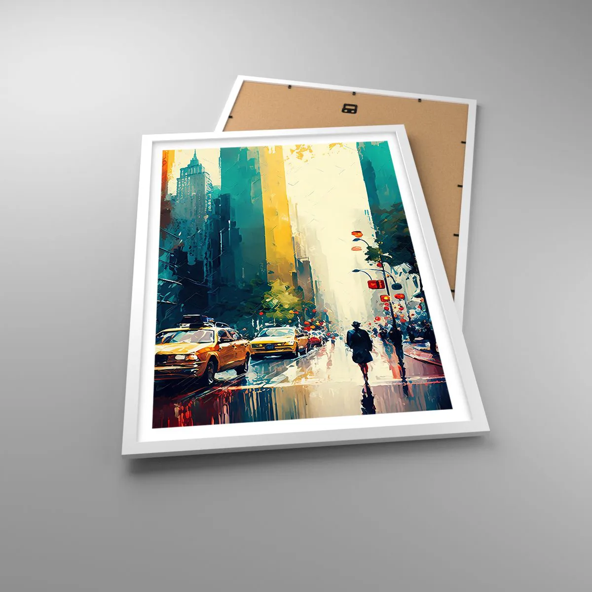 Póster en marco blanco - Nueva York - hasta la lluvia es colorida - 50x70 cm