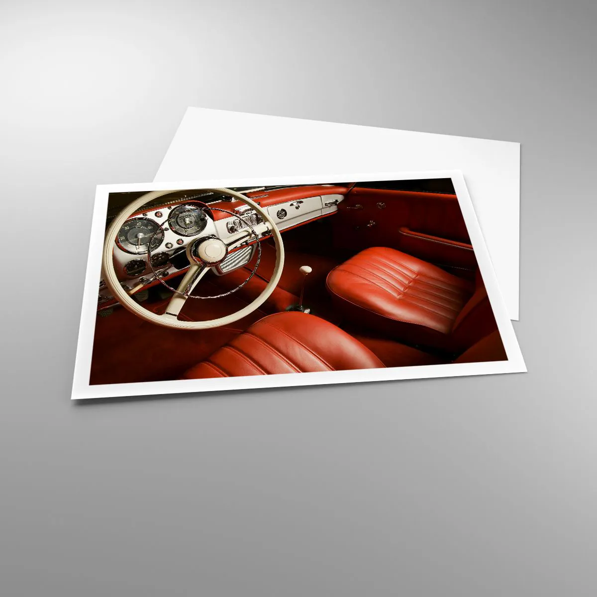 Poster - Oldtimer-Innenraum mit roten Ledersitzen - 100x70cm - Luxus im Vintagestil - Moderne Wanddekoration für Wohnzimmer und Schlafzimmer ARTTOR