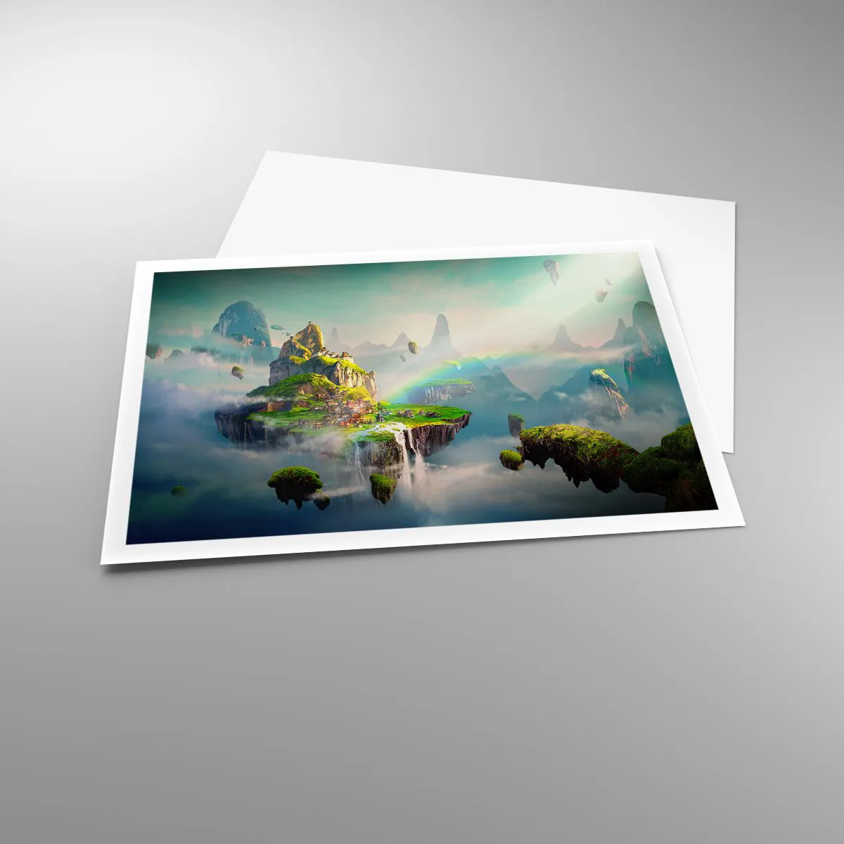 Poster - Isole volanti tra le nuvole con un arcobaleno all'orizzonte - 100x70cm - In mezzo al cielo: isole fortunate - Decorazione murale moderna per soggiorno e camera da letto ARTTOR