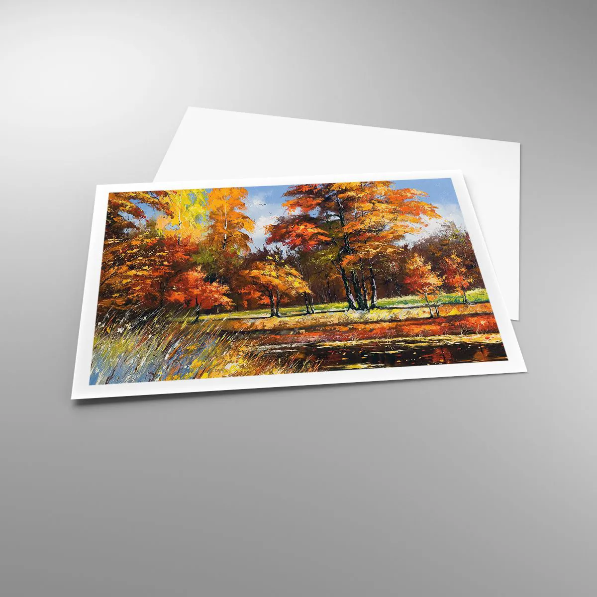 Affiche - Poster - Paysage d'automne avec des arbres colorés et un étang - 100x70cm - Paysage en or et bronze - Décoration murale moderne pour le salon et la chambre ARTTOR