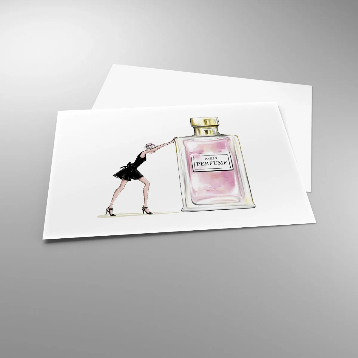 Plakat - Kobieta w czarnej sukience przy flakonie perfum - 100x70cm - Esencja kobiecości - Nowoczesna dekoracja ścienna do salonu i sypialni ARTTOR