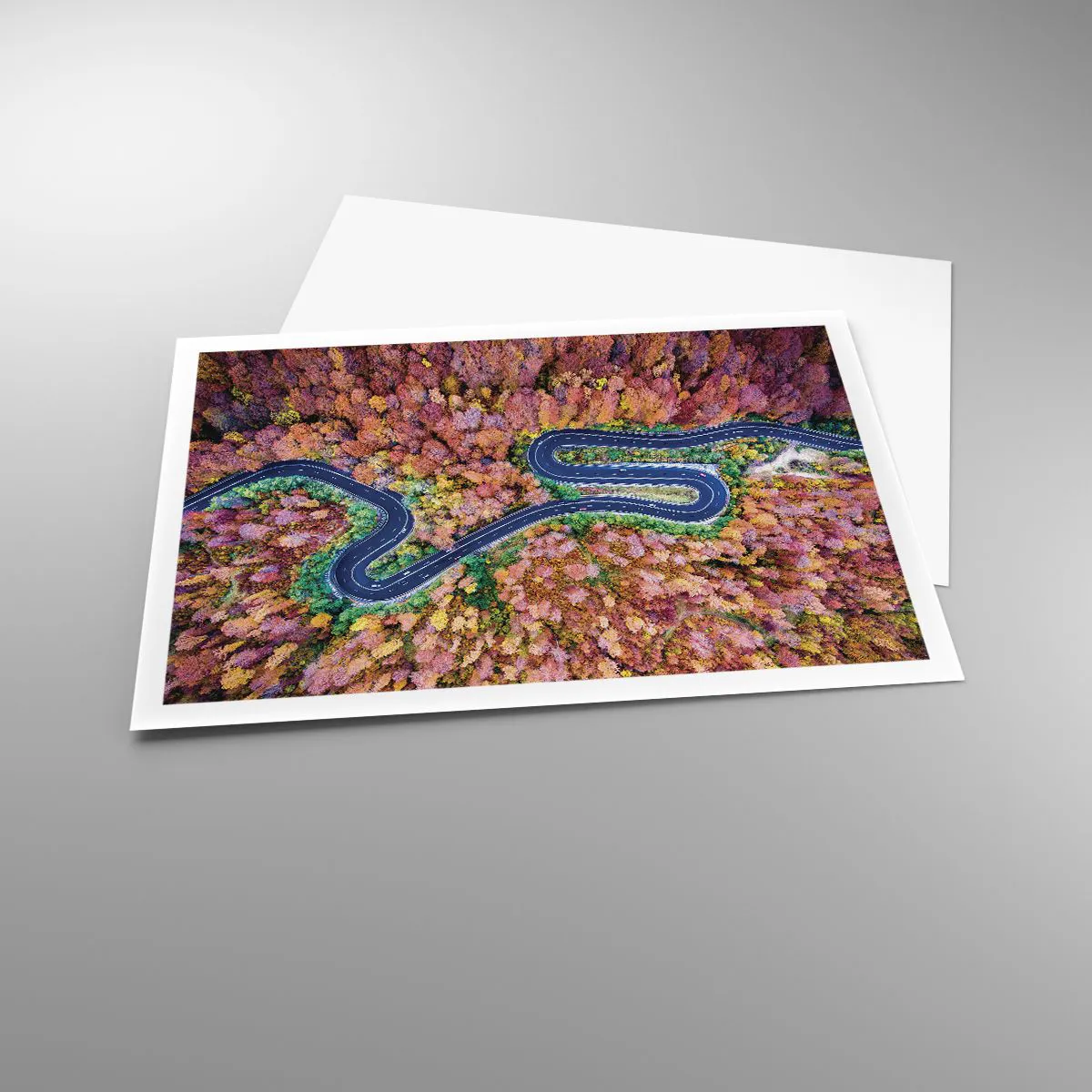 Affiche - Poster - Une route sinueuse dans une forêt d'automne vue à vol d'oiseau - 100x70cm - Route sinueuse à travers la forêt - Décoration murale moderne pour le salon et la chambre ARTTOR