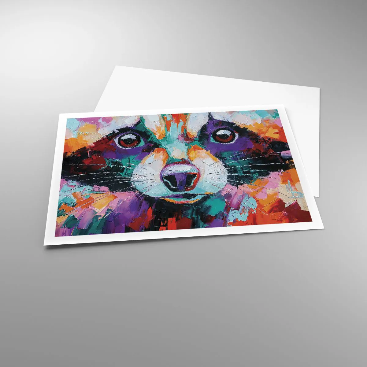 Poster - Ein farbenfrohes Porträt eines Waschbären im Stil der expressiven Malerei. - 100x70cm - Nur gute Emotionen - Moderne Wanddekoration für Wohnzimmer und Schlafzimmer ARTTOR