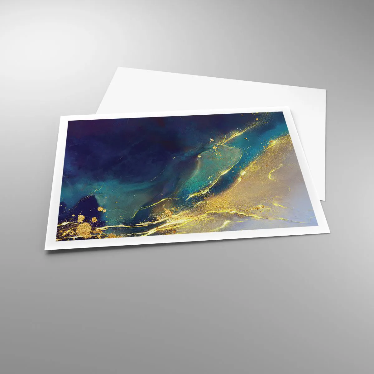 Poster - Abstrakte Komposition in Blau- und Goldtönen auf Leinwand - 100x70cm - Der goldene Teich - Moderne Wanddekoration für Wohnzimmer und Schlafzimmer ARTTOR