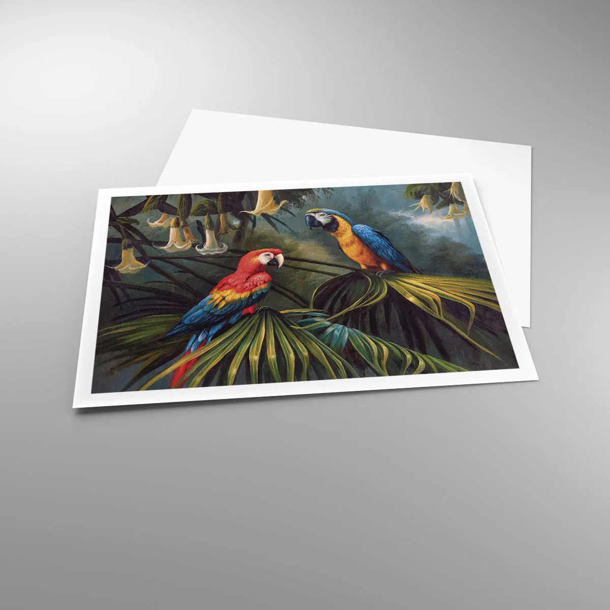 Póster - Loros en un bosque tropical con flores exóticas al fondo. - 100x70cm - Romanticismo en los trópicos - Decoración de pared moderna para salón y dormitorio ARTTOR