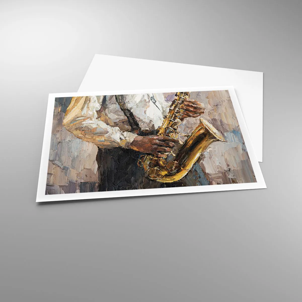 Poster - Ein Musiker, der Saxophon in einem künstlerischen Stil spielt - 100x70cm - Zeit fürs Solo - Moderne Wanddekoration für Wohnzimmer und Schlafzimmer ARTTOR