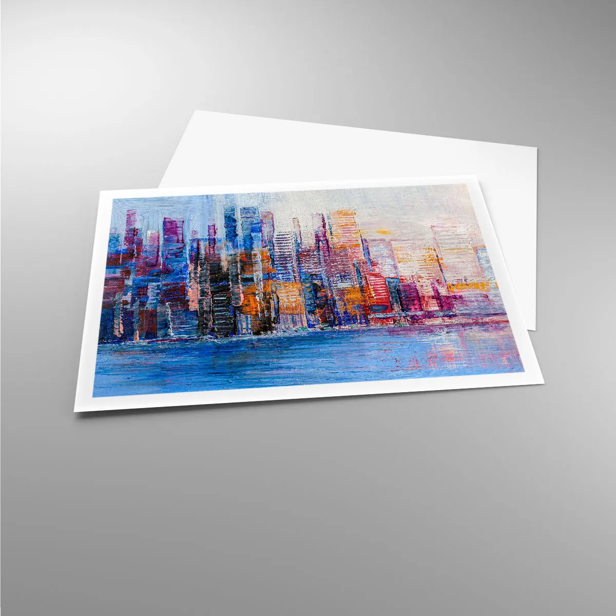 Poster - Ein farbenfrohes Panorama der Stadt mit Spiegelungen auf dem Wasser - 100x70cm - Fröhliche Metropole - Moderne Wanddekoration für Wohnzimmer und Schlafzimmer ARTTOR