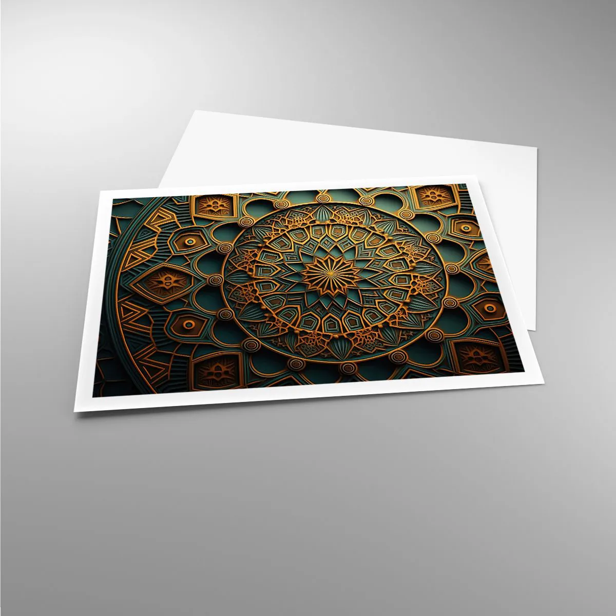 Poster - Ein goldenes Mandala auf türkisfarbenem Hintergrund mit vielen Details. - 100x70cm - In arabischer Atmosphäre - Moderne Wanddekoration für Wohnzimmer und Schlafzimmer ARTTOR