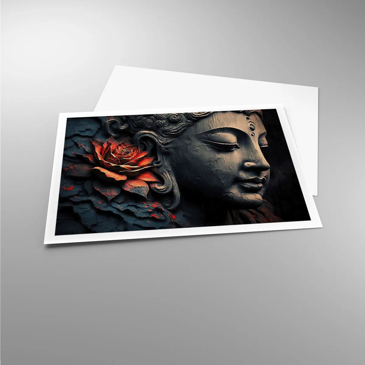 Póster - Escultura de Buda con una flor de loto roja. - 100x70cm - En sintonía con el mundo - Decoración de pared moderna para salón y dormitorio ARTTOR