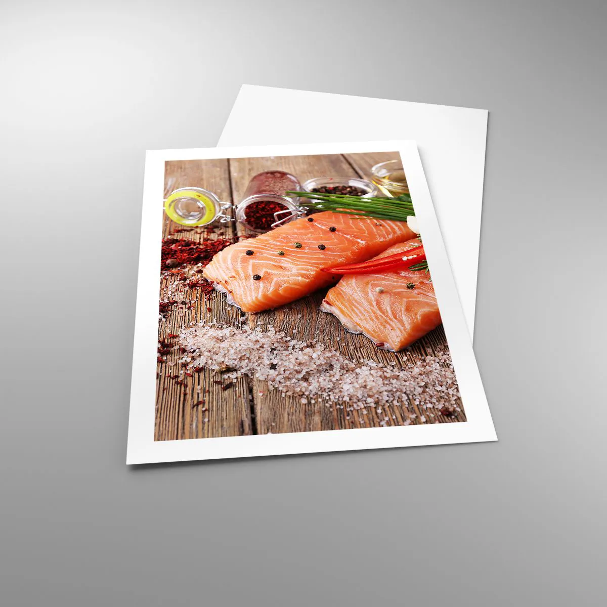 Poster - Lachsfilets mit Gewürzen auf rustikalem Hintergrund - 50x70cm - Norwegisches Abenteuer in der Küche - Moderne Wanddekoration für Wohnzimmer und Schlafzimmer ARTTOR