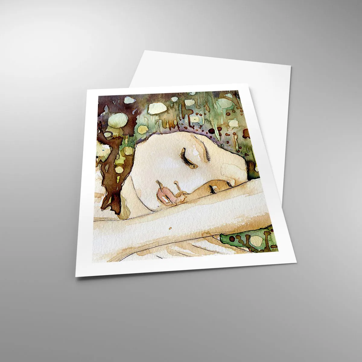 Poster - Künstlerisches Aquarellporträt einer schlafenden Frau - 50x70cm - Ein smaragd-violetter Traum - Moderne Wanddekoration für Wohnzimmer und Schlafzimmer ARTTOR