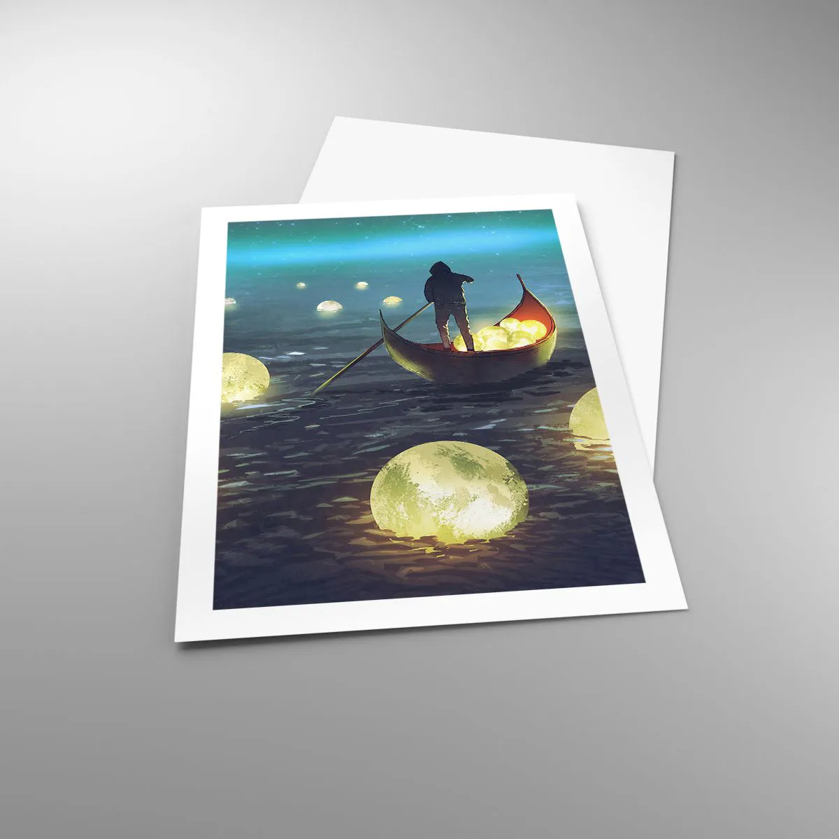 Affiche - Poster - Une silhouette sur un bateau entourée de boules lumineuses sur l'eau - 50x70cm - Des choses dont les philosophes n'ont jamais rêvé - Décoration murale moderne pour le salon et la chambre ARTTOR