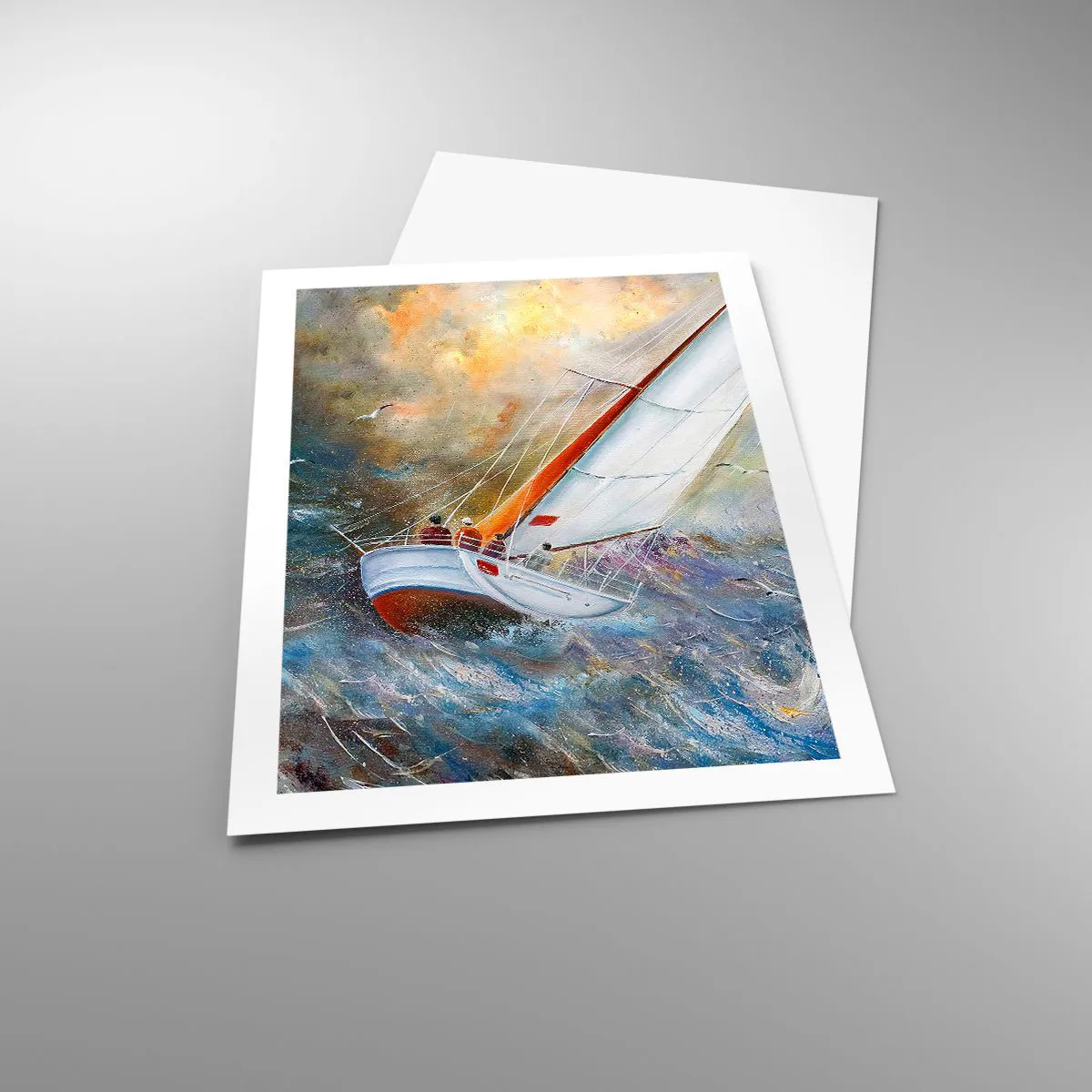 Póster - Un yate navegando en un mar tempestuoso en un paisaje pintoresco. - 50x70cm - Surcando las olas - Decoración de pared moderna para salón y dormitorio ARTTOR