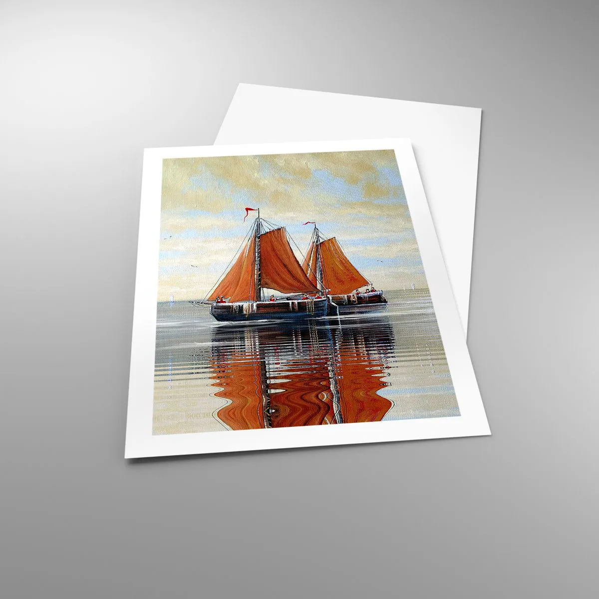 Poster - Segelboote auf ruhigem Wasser mit roten Segeln - 50x70cm - Hey, Segel, Matrose ... - Moderne Wanddekoration für Wohnzimmer und Schlafzimmer ARTTOR