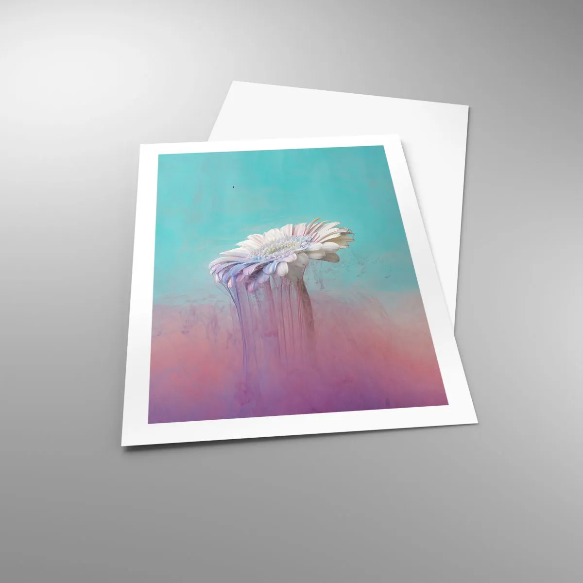 Affiche - Poster - Gerbera blanc avec des stries colorées sur fond pastel - 50x70cm - Le monde souterrain des fleurs - Décoration murale moderne pour le salon et la chambre ARTTOR