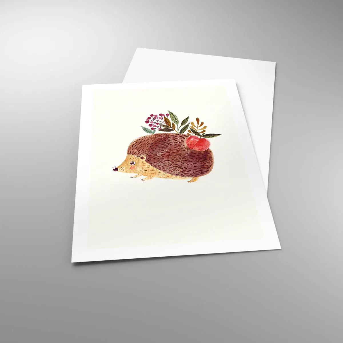 Póster - Un lindo erizo con una manzana y ramitas sobre un fondo claro. - 50x70cm - Y ya te gusto - Decoración de pared moderna para salón y dormitorio ARTTOR