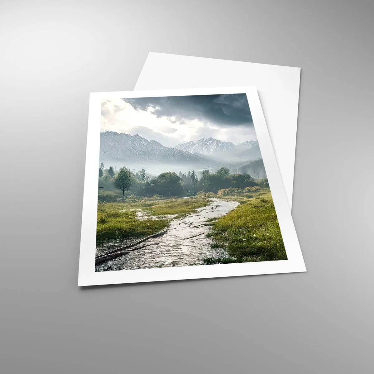 Plakat - Górska dolina z rzeką i majestatycznymi górami w tle - 50x70cm - Tam i z powrotem - Nowoczesna dekoracja ścienna do salonu, kuchni i sypialni ARTTOR