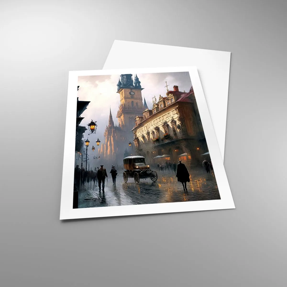 Poster - Historische Stadt in der Abenddämmerung mit einem historischen Fahrzeug - 50x70cm - Charme eines Prager Abends - Moderne Wanddekoration für Wohnzimmer und Schlafzimmer ARTTOR