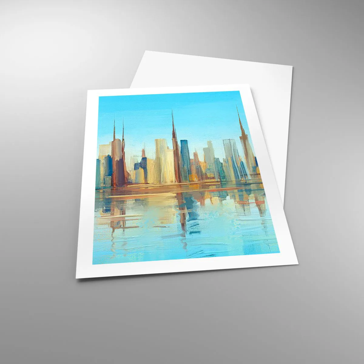 Affiche - Poster - Panorama coloré de la ville avec reflet dans l'eau - 50x70cm - Une métropole ensoleillée - Décoration murale moderne pour le salon et la chambre ARTTOR