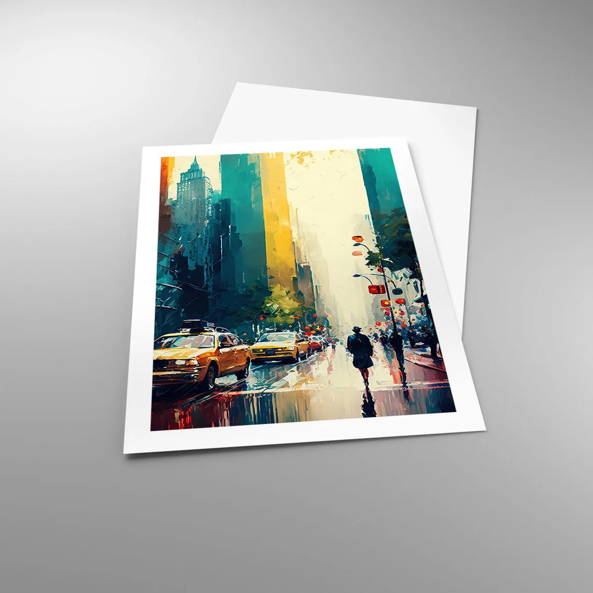 Poster - Eine bunte Straße einer Großstadt mit gelben Taxis - 50x70cm - New York – selbst der Regen ist hier bunt - Moderne Wanddekoration für Wohnzimmer und Schlafzimmer ARTTOR