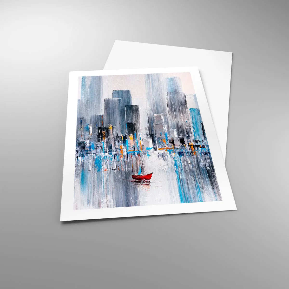 Póster - Una pintura abstracta que representa el horizonte de una ciudad sobre el agua con un barco rojo. - 50x70cm - Metrópolis junto a la bahía - Decoración de pared moderna para salón y dormitorio ARTTOR