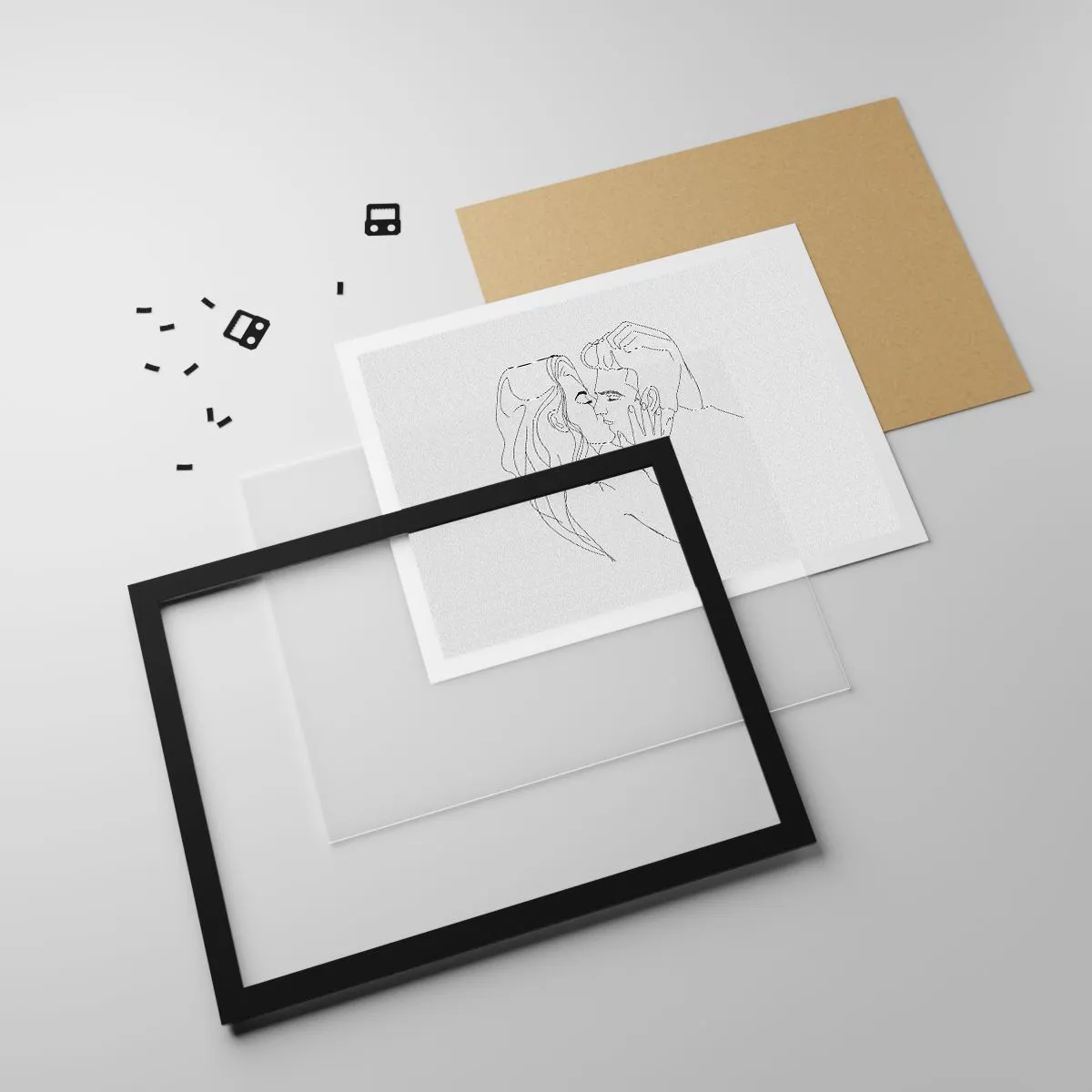 Poster in einem schwarzem Rahmen - Die Umrisse eines sich küssenden Paares auf hellem Hintergrund - 100x70cm - Dieselbe Linie - Moderne Wanddekoration für Wohnzimmer und Schlafzimmer ARTTOR