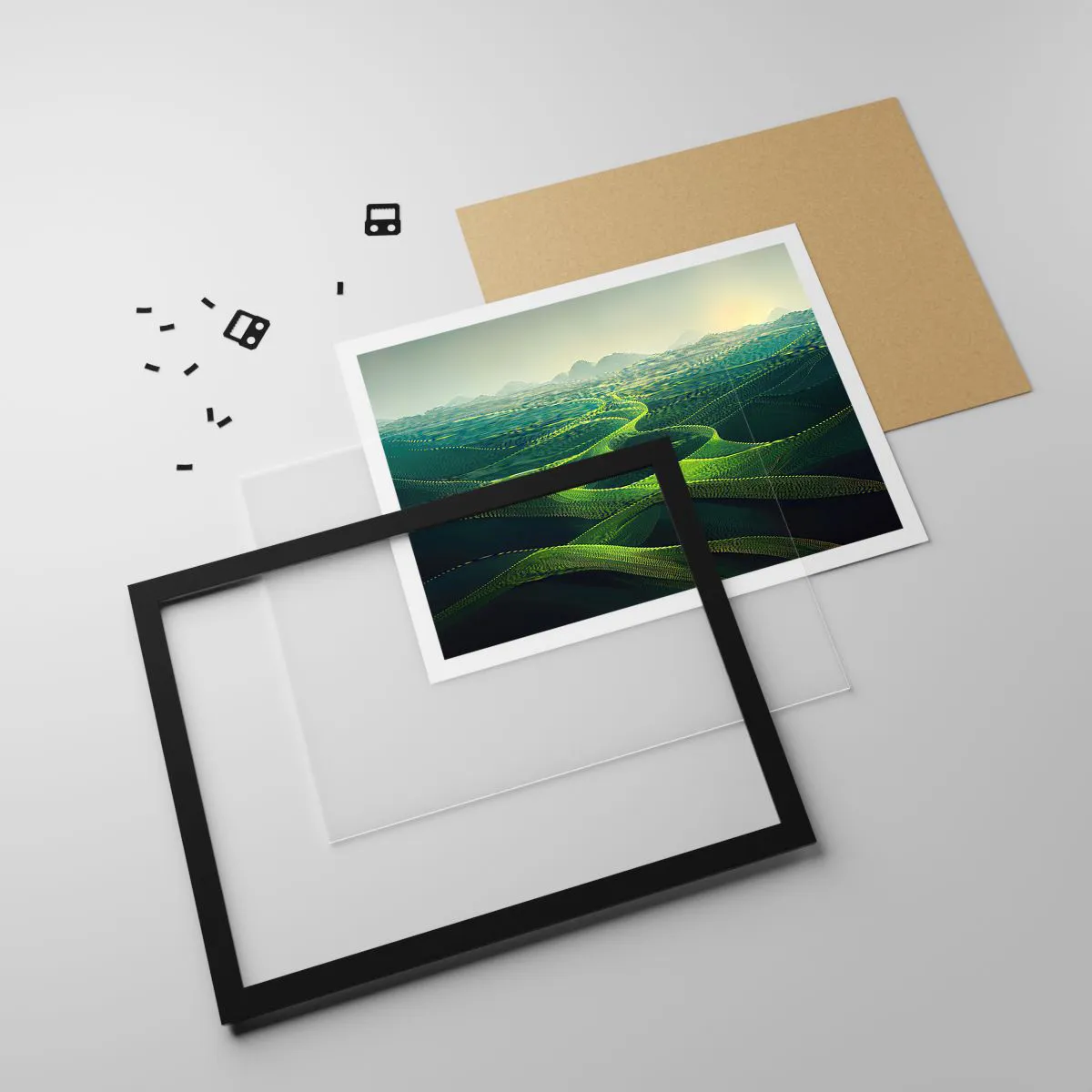 Affiche dans un cadre noir - Poster - Collines verdoyantes avec des sentiers vallonnés - 100x70cm - Dans les vallées verdoyantes - Décoration murale moderne pour le salon et la chambre ARTTOR