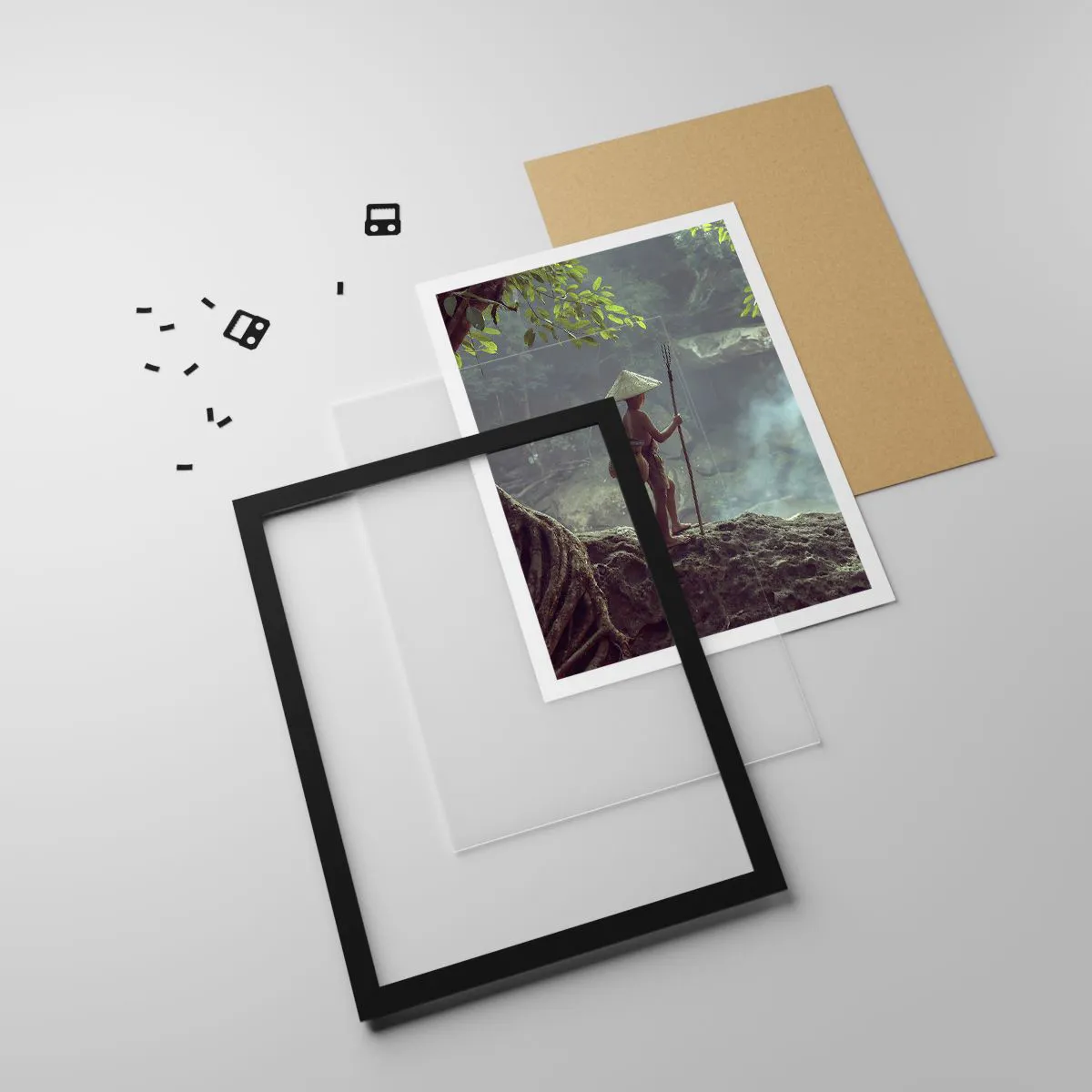 Poszter fehér keretben - Egy fiú az erdőben horgászbottal és kosárral a hátán - 50x70cm - Barátságban a természettel - Modern fali dekoráció nappalihoz és hálószobához ARTTOR