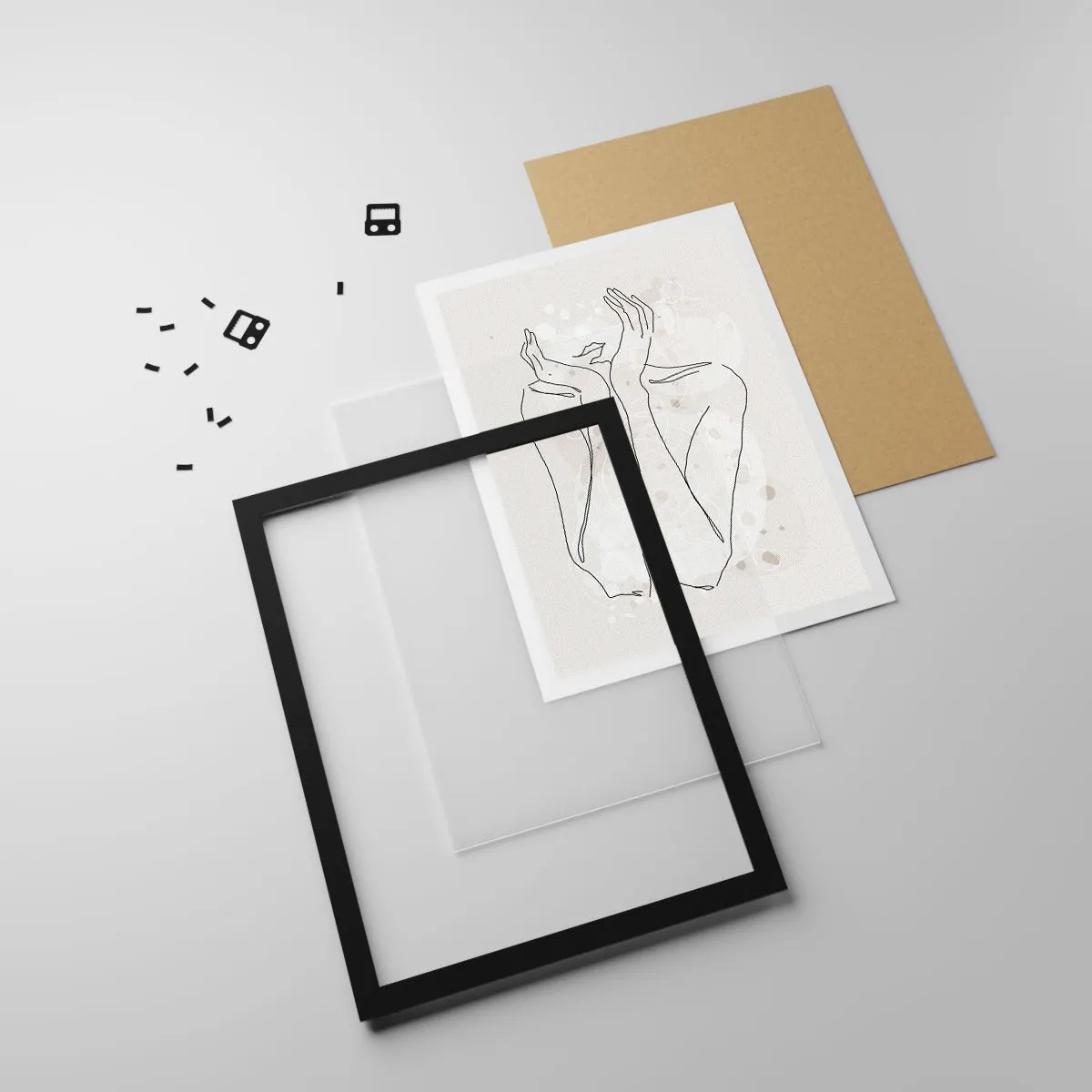 Poster in black frame - Contour drawing of a hand with an abstract background in shades of beige - 50x70cm - Dreamful Moment - Modern wall decoration for the living room and bedroom ARTTOR