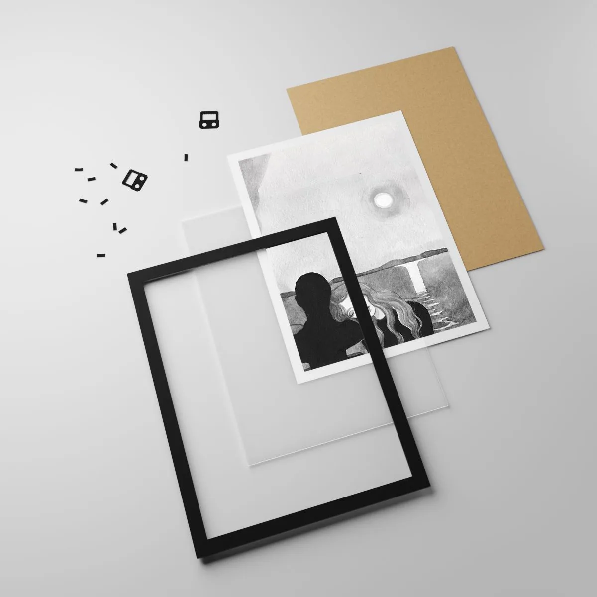 Plakat i sort ramme - Kvinde læner sig på skyggefigur, måne og vandfald - 50x70cm - Altid et mysterium - Moderne vægdekoration til stue og soveværelse ARTTOR