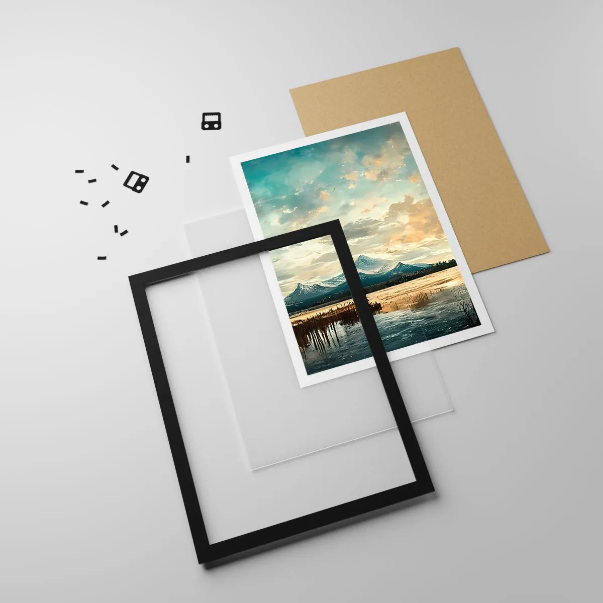 Plagát v čiernom ráme - Malebná horská krajina pri západe slnka - 50x70cm - Pod ochranou neba - Moderná nástenná dekorácia do obývacej izby a spálne ARTTOR