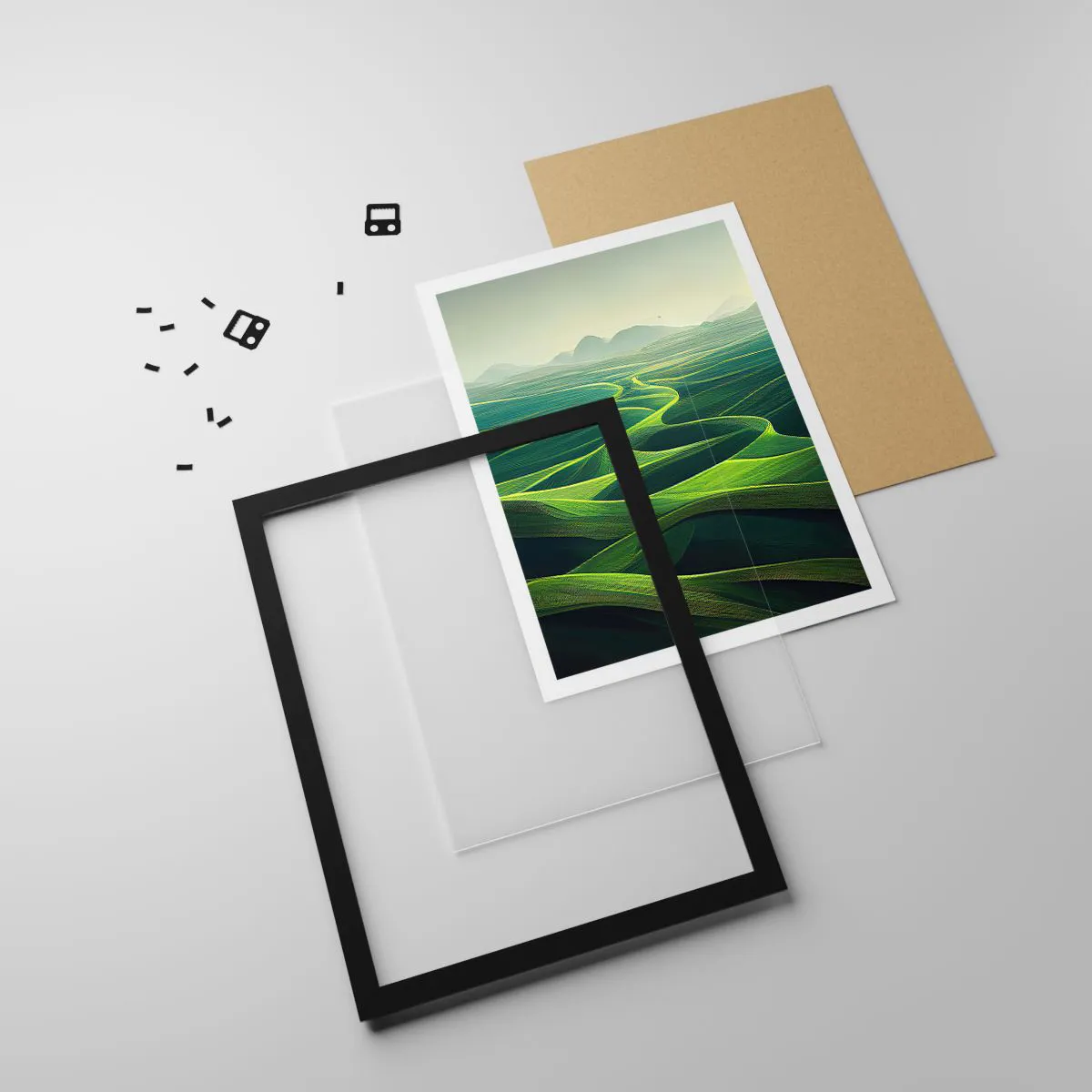 Pôster com moldura preta - Campos verdejantes com vista para as montanhas - 50x70cm - Nos vales verdes - Decoração de parede moderna para a sala de estar e quarto ARTTOR