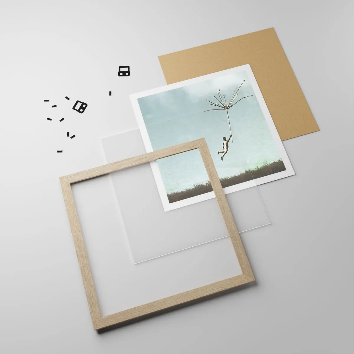 Affiche dans un chêne clair - Poster - Cerfs-volants, pissenlits, vent - 50x50 cm