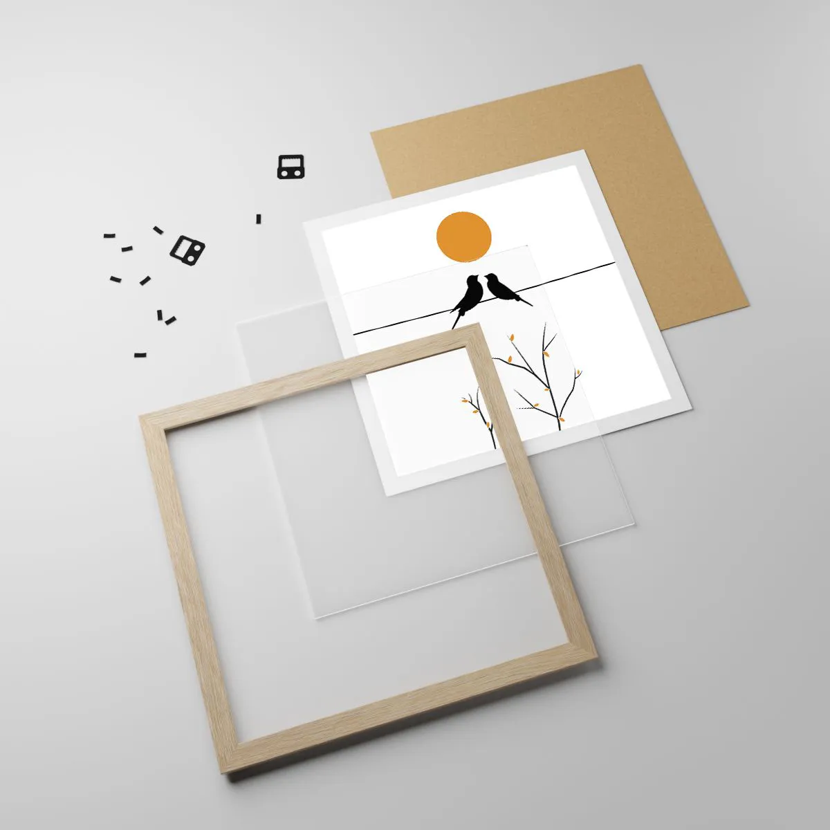 Plakat i ramme af lyst egetræ - Nattergal - 60x60 cm