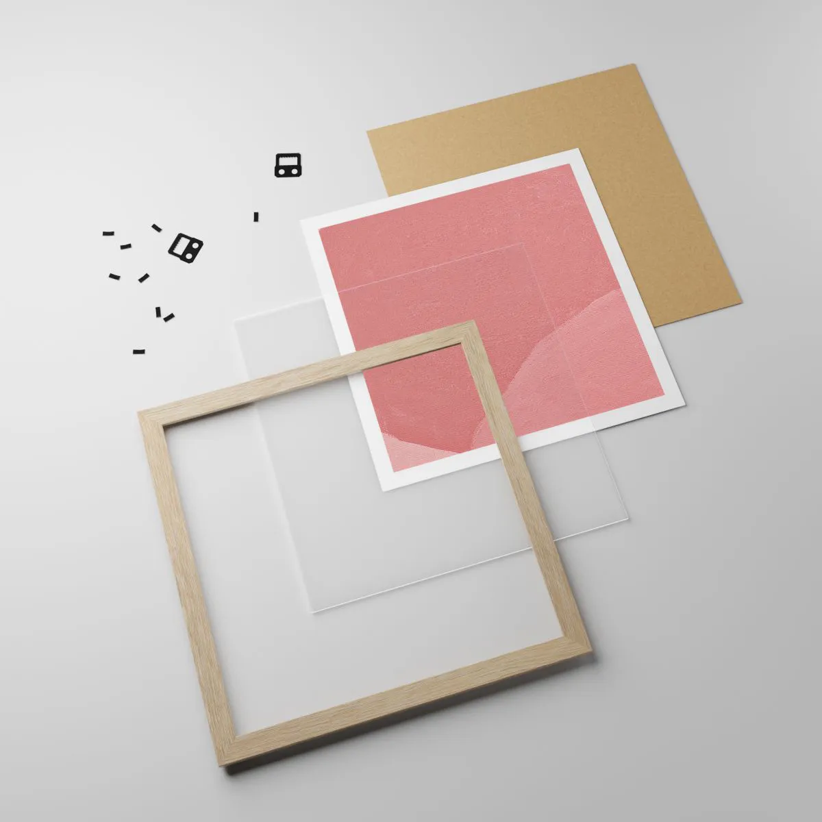 Plakat i ramme af lyst egetræ - Organisk komposition i pink - 40x40 cm