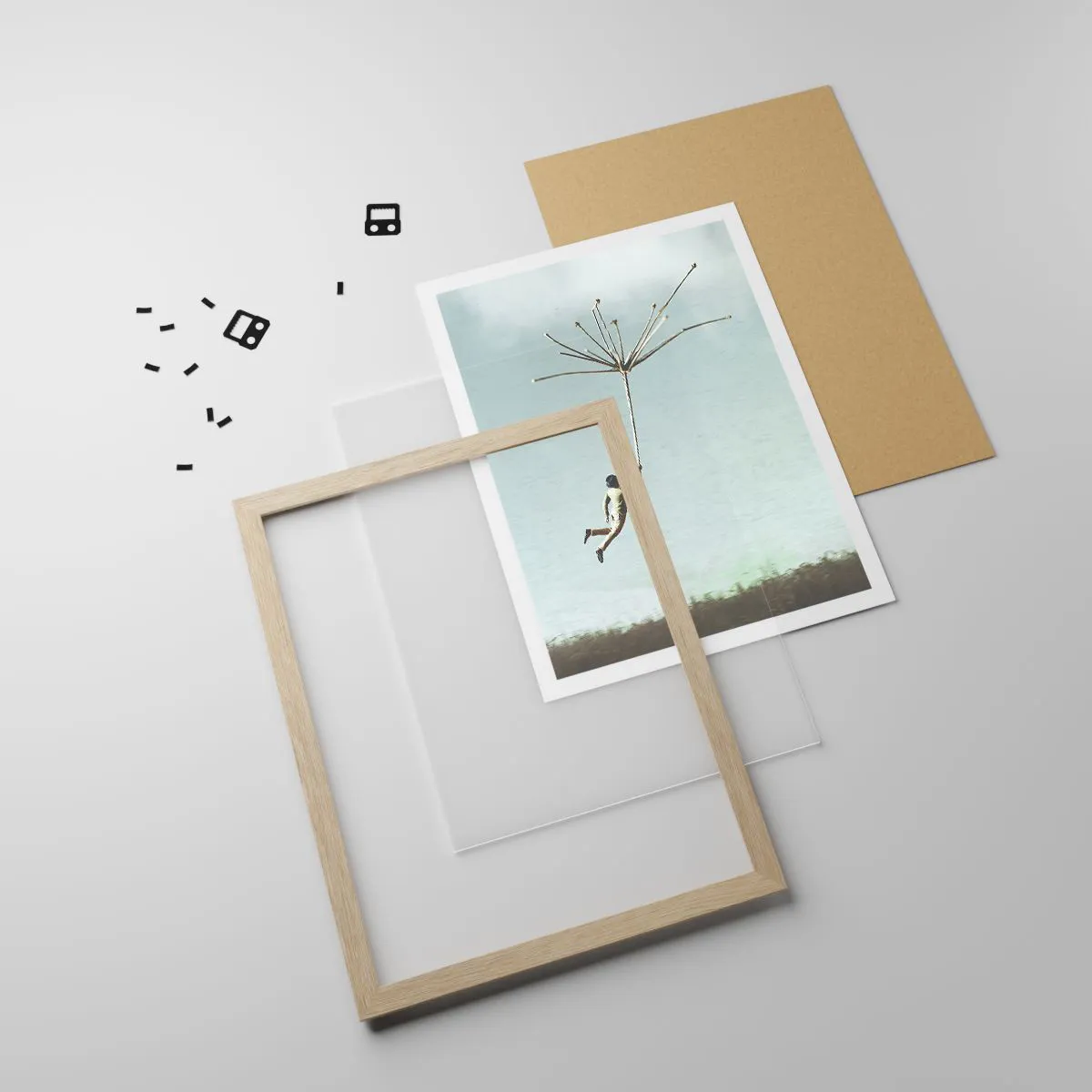 Affiche dans un chêne clair - Poster - Cerfs-volants, pissenlits, vent - 30x40 cm