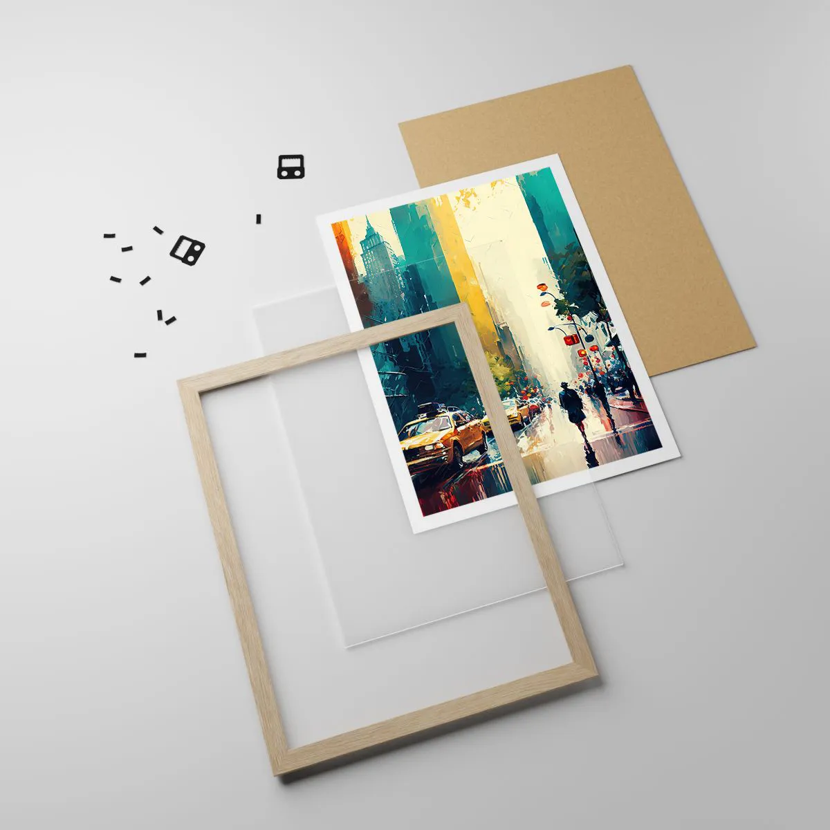 Poster in einem Rahmen aus heller Eiche - New York – selbst der Regen ist hier bunt - 61x91 cm