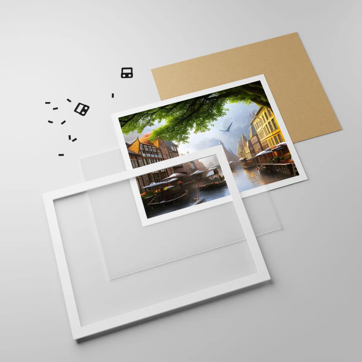 Plagát v bielom ráme - Holandská mestská krajinka - 100x70 cm