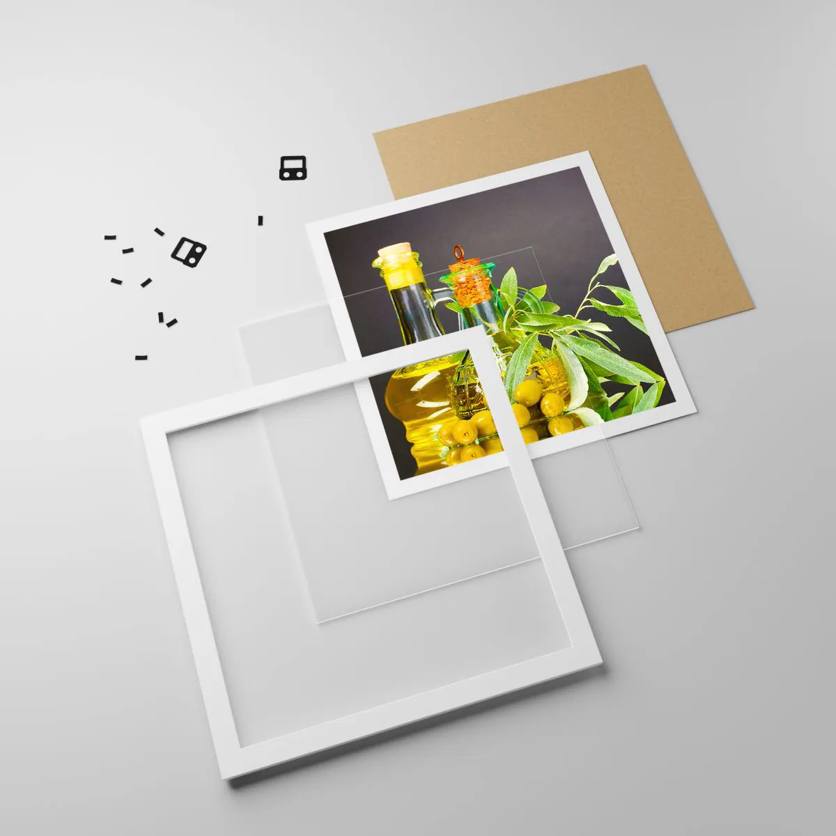 Plagát v bielom ráme - Zátišie s olivami a olejom - 60x60 cm