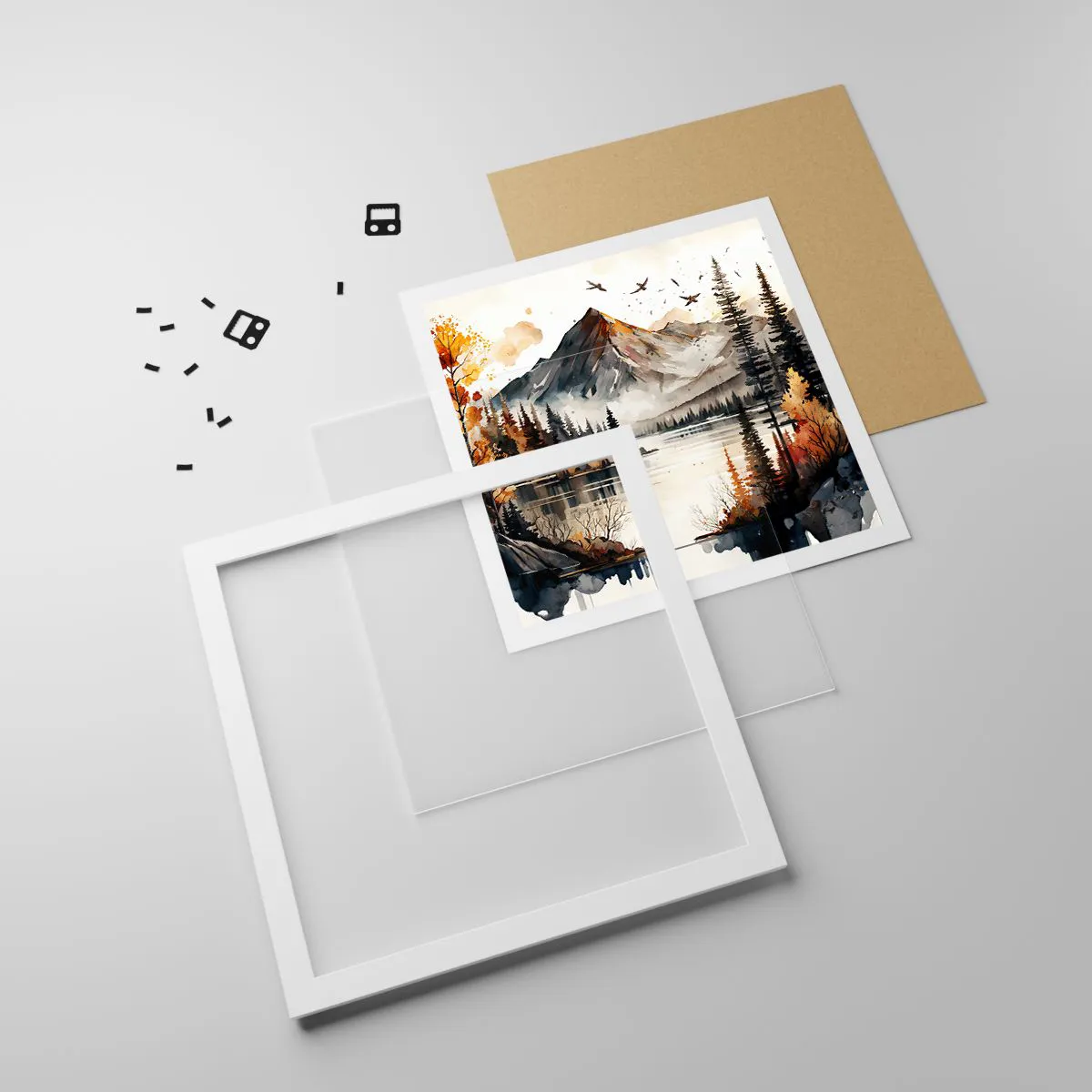 Plakat i hvid ramme - Gyldent efterår i bjergene - 50x50 cm