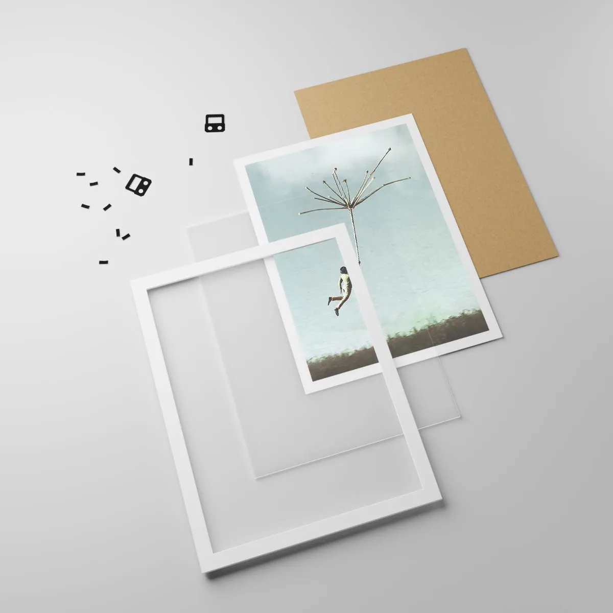 Poster in einem weißen Rahmen - Drachen, Löwenzahn, Wind - 30x40 cm