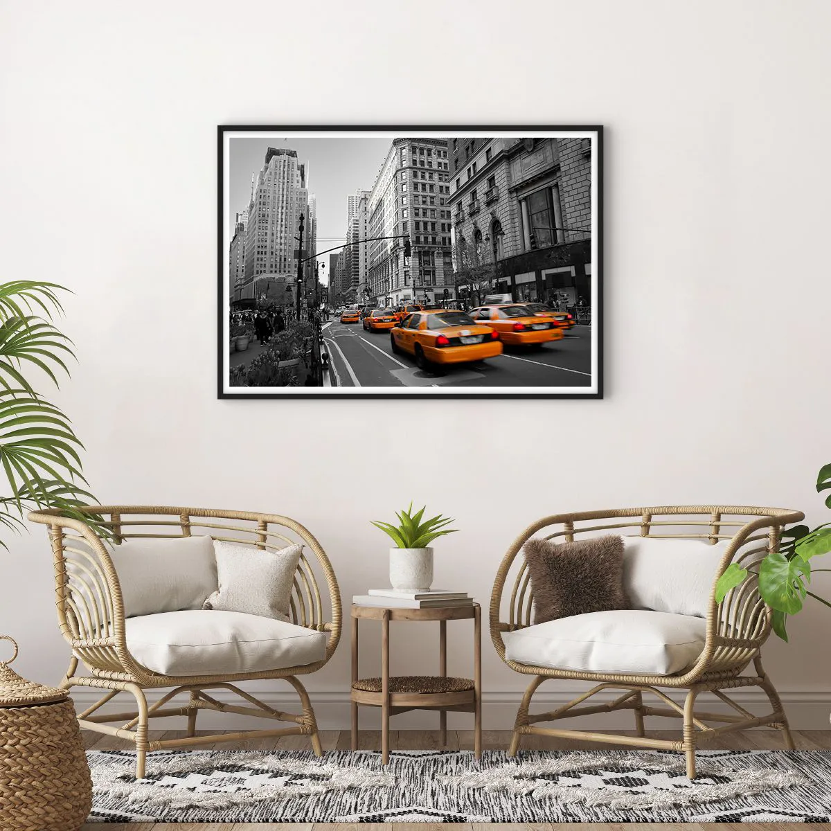 Plakat w czarnej ramie - Żółte taksówki na ulicach Nowego Jorku - 100x70cm - Słońca wielkiego miasta - Nowoczesna dekoracja ścienna do salonu i sypialni ARTTOR