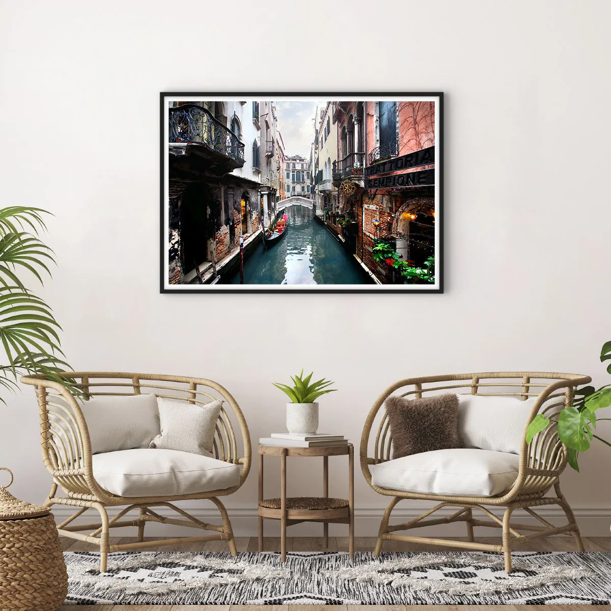 Poszter fehér keretben - Velencei táj gondolával és híddal - 100x70 cm
