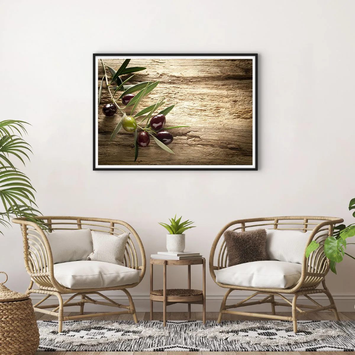 Plakat w czarnej ramie - Gałązka oliwna z owocami na tle postarzanego drewna - 100x70cm - Prosto od natury - Nowoczesna dekoracja ścienna do salonu i sypialni ARTTOR